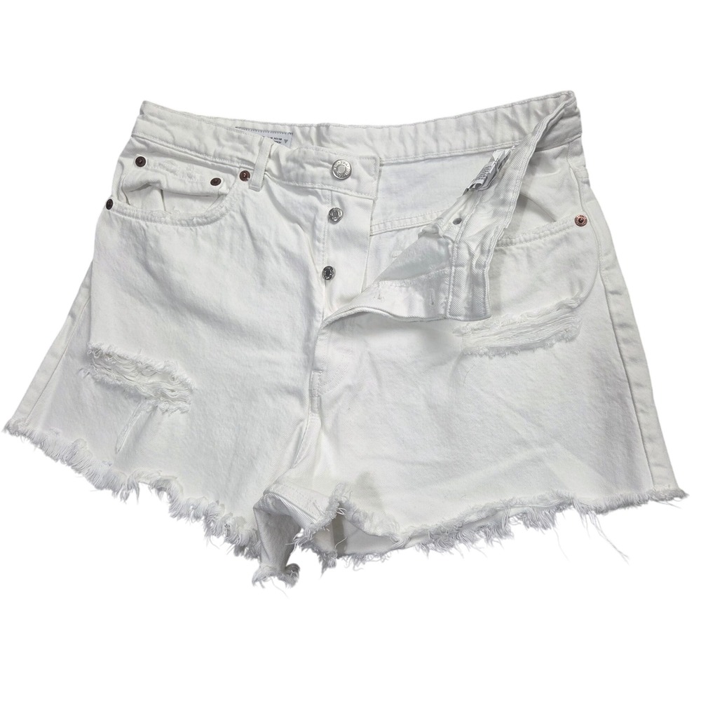 Zara White Distressed Denim Jean Shorts High Waisted Raw Hem Size 14 Waist 34" - Picture 2 of 7